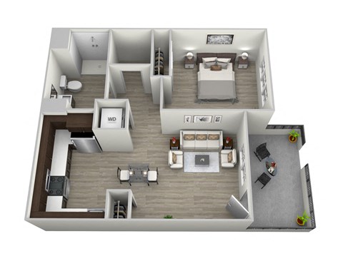Floor plan for 1 bed, 1 bath, 634 sqft